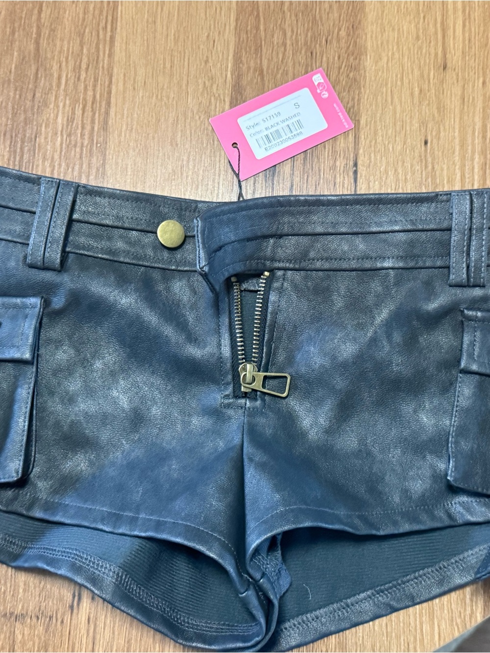 Edikted Black Faux Leather Bike Shorts with Front Zip